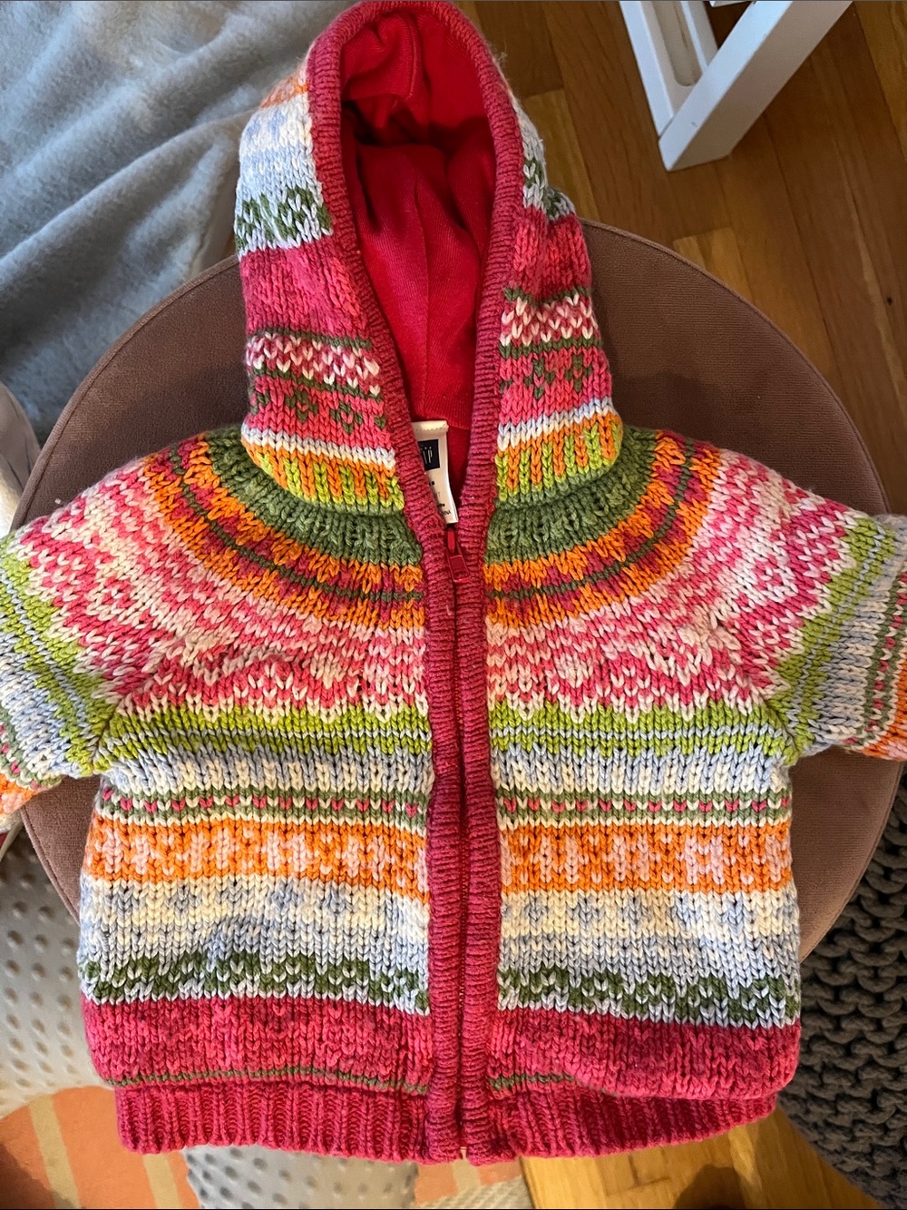 GAP Multicolor Striped Hooded Knit Zip Sweater - Pink Green Orange Cream
